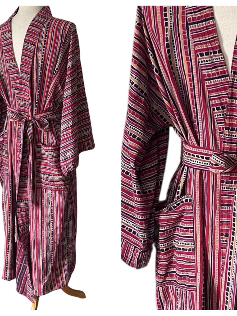 Vintage Batik Tribal Print Cotton Light weight Bath Robe with Belt - One Size - Picture 3 of 9